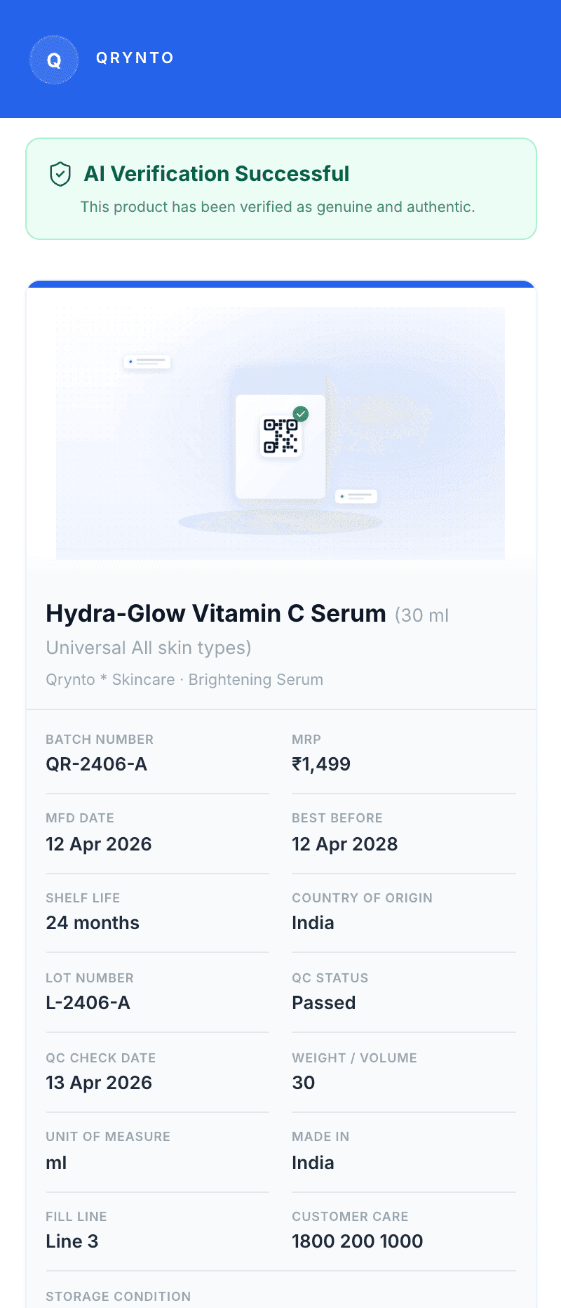 Qrynto scan result on a phone — AI verification successful, product verified as genuine with batch details